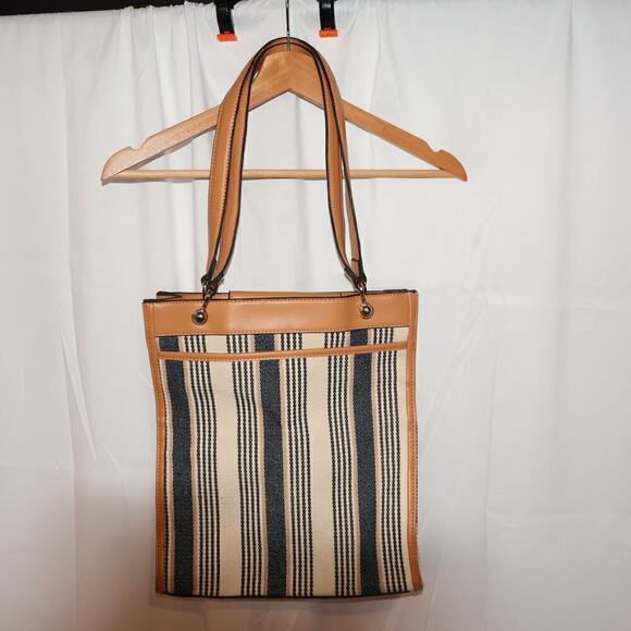 NWOT Jones New York Signature Bag Tan Blue White Stripe, Outside pocket - Picture 2 of 14